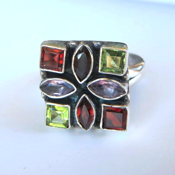 Natural Garnets Amethysts Peridots In Sterling Silver Mosaic Ring. Size 8.25 - Picture 4 of 17